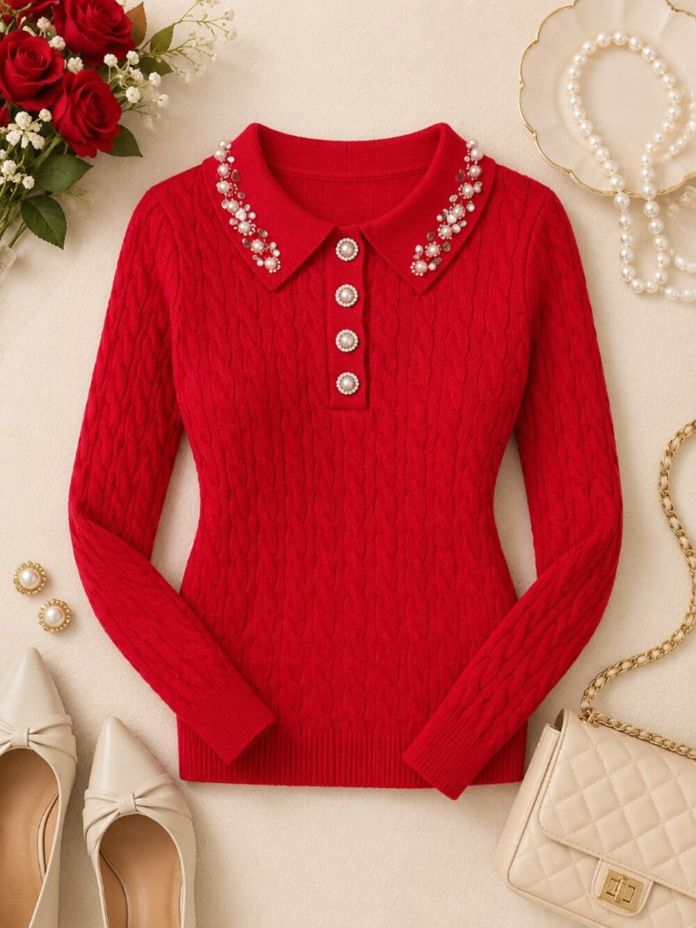 LC Lizette Collection Red Cable Knit Embellished Collar Sweater Size Large
